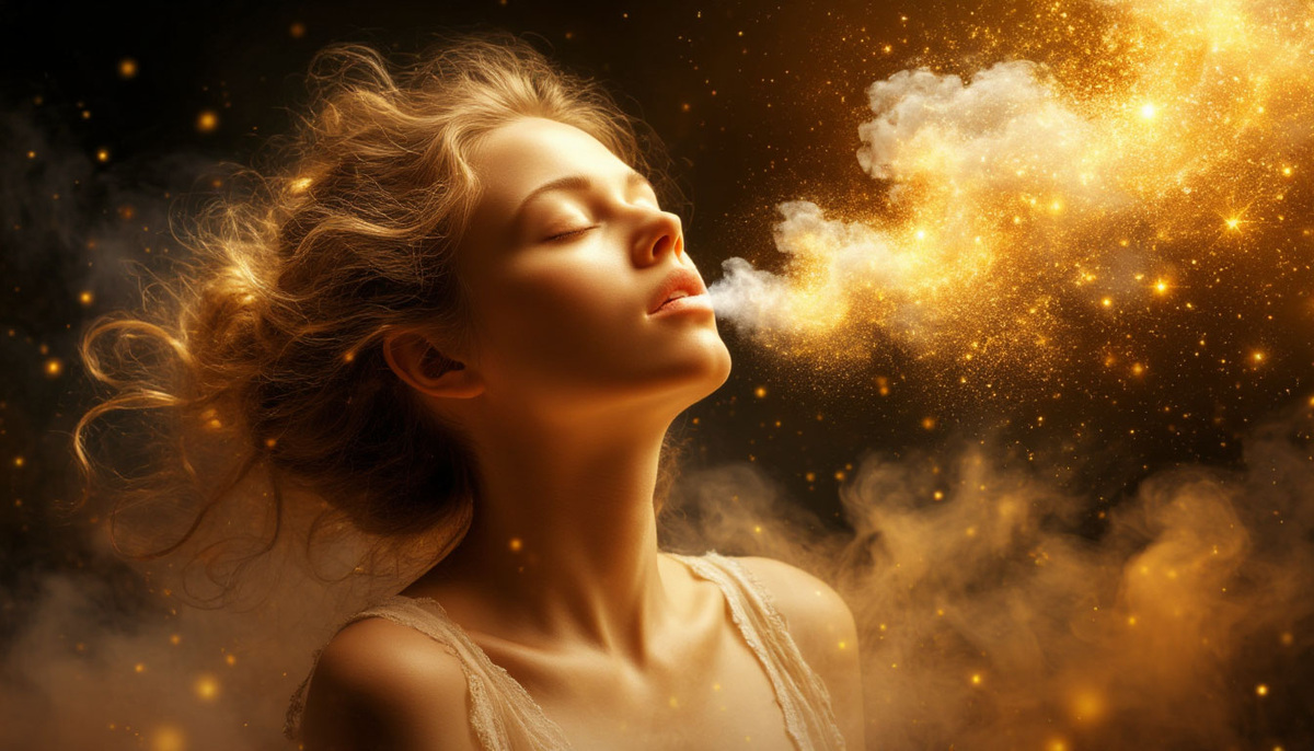 Эпилог: от бремени к свободе — ваше новое финансовое дыхание. Освобожденная от долговых оков фигура делает первый глубокий вдох, выдыхая облако старых ограничений и вдыхая золотой свет новых возможностей. Пространство вокруг наполняется кристально чистой энергией, где каждое движение создает рябь на поверхности безграничного финансового океана.