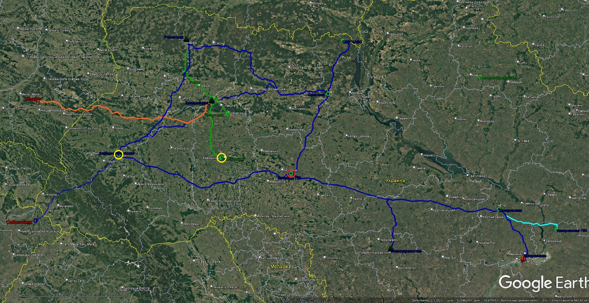 Сеть 750 кВ Украины и ВЛ, отходящие от ХАЭС. Красным выделена ПС 750 кВ Винница-750, жёлтый – возможные кандидаты на отключение со стороны ХАЭС (ПС 750 Западноукраинская и ПС 330 кВ Хмельницкая)