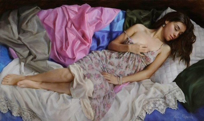 КАРТИНА РОССИЙСКОЙ ХУДОЖНИЦЫ АННЫ МАРИНОВОЙ / Anna Marinova // Предчувствие весны. Холст, масло. 60х100 см. 2015 год