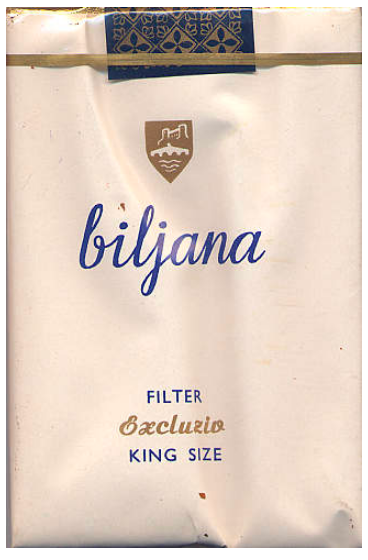 "Biljana" Filter Excluziv King Size. Северная Македония 1978 год. 20 штук с фильтром в мягкой упаковке. Производитель: Tutunski Kombinat Skopje. Владелец торговой марки: Tutunski Kombinat Skopje.