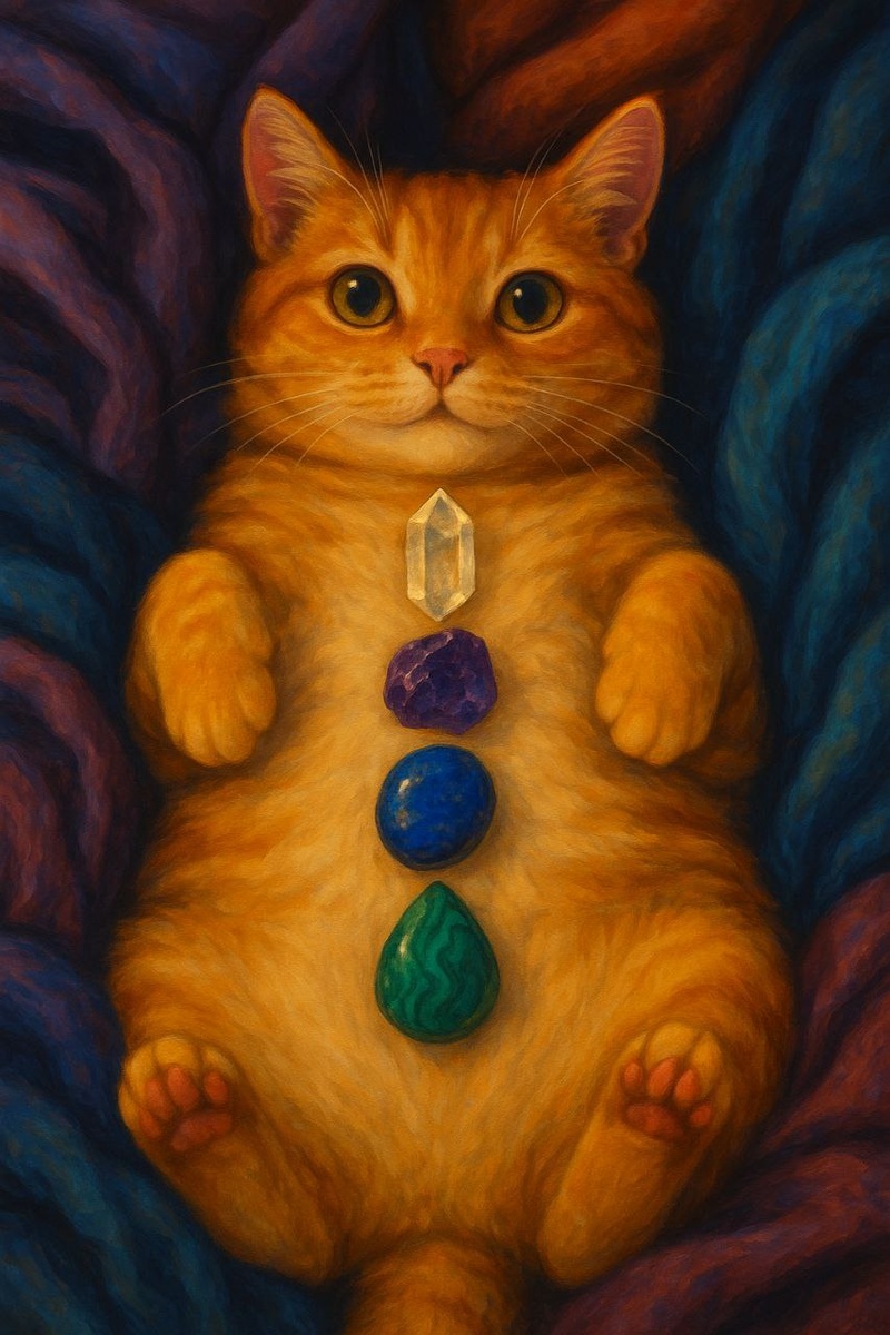 Котик к кристаллами горного хрусталя, аметиста, лазурита и малахита