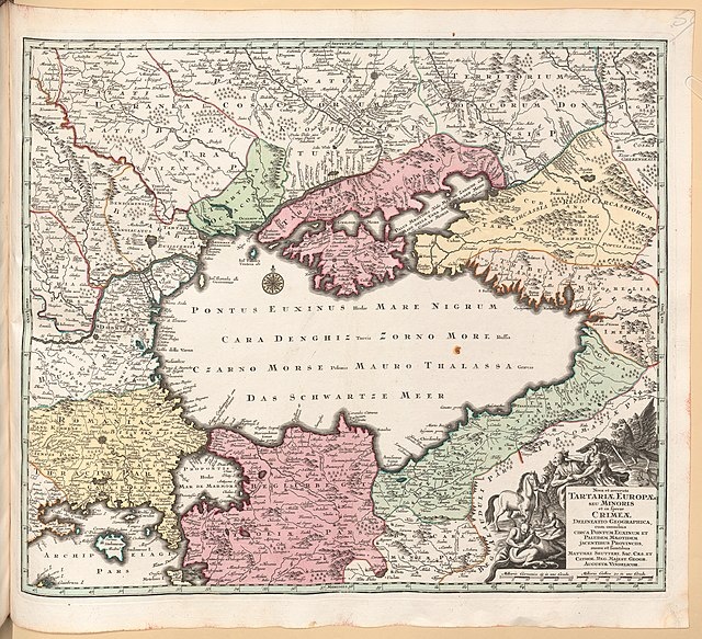 Карта Черного моря и прилегающих частей России и Турции XVIII века. Фото является общественным достоянием.