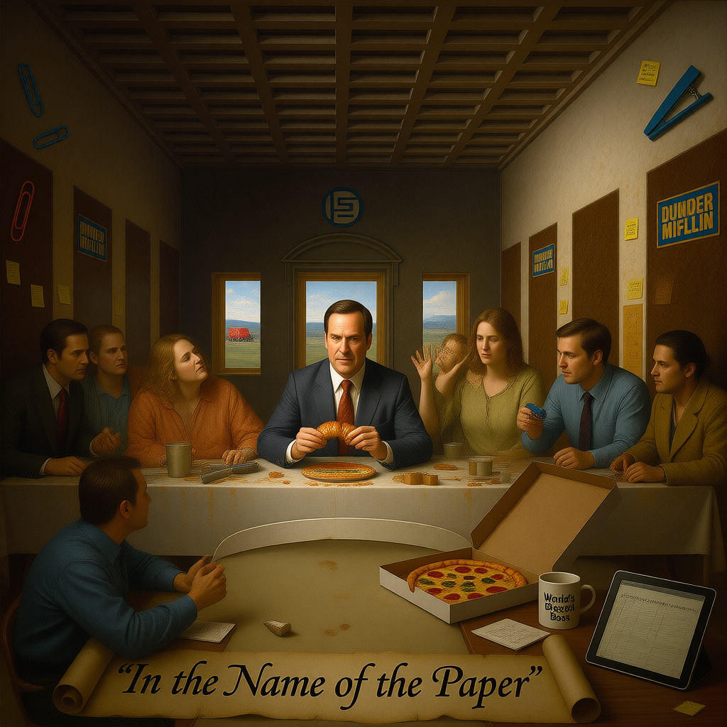 Майкл Скотт и сотрудники Dunder Mifflin.Сгенерировано нейросетью: Алиса 