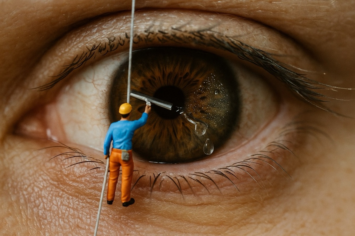 Маленький человечек протирает глаз