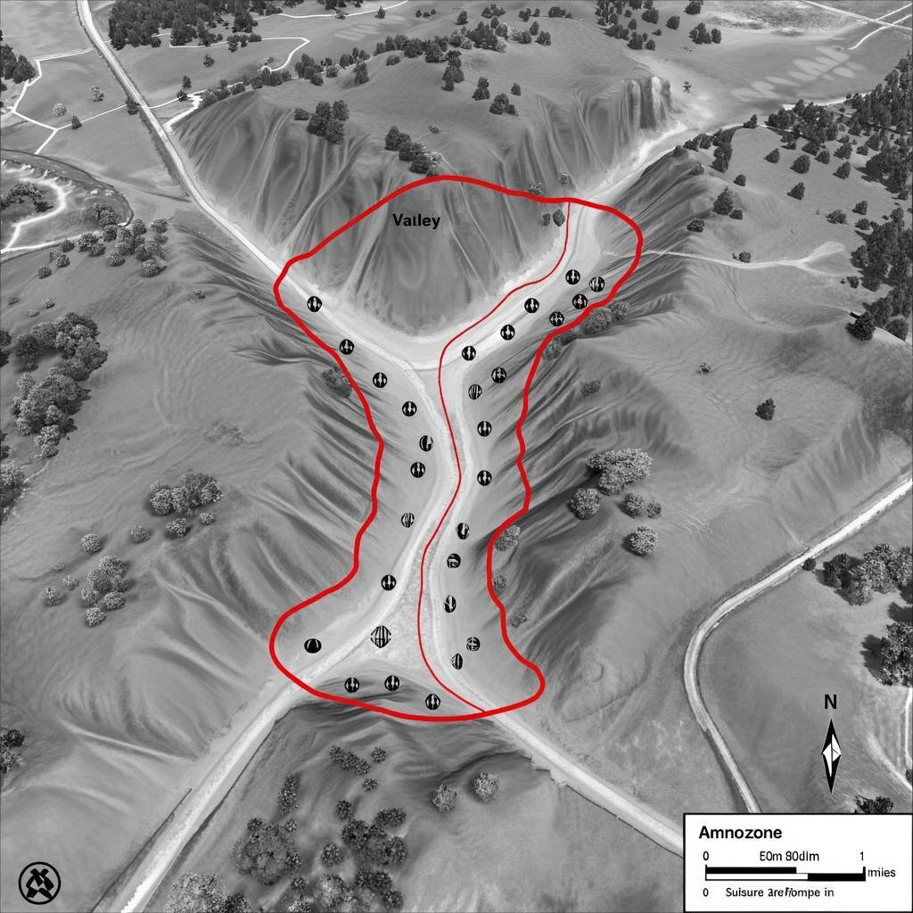 Схематичная карта с отметкой долины. Красным выделен периметр аномалии.
