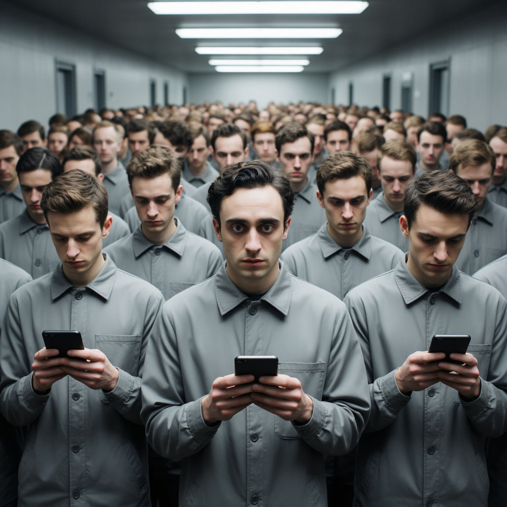 Люди в одинаковой серой одежде, как у Оруэлла, но все уткнулись в телефоны.