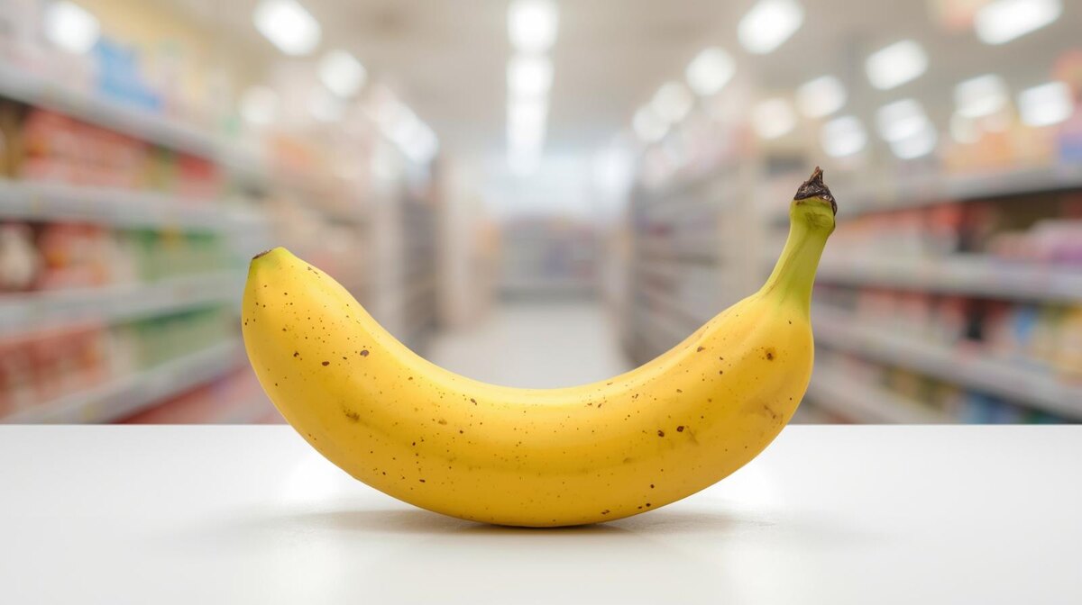 «Свежий банан сорта Кавендиш в супермаркете. Это идеальный фрукт, который мы покупаем каждый день, но на самом деле — результат кропотливой селекции человека.»