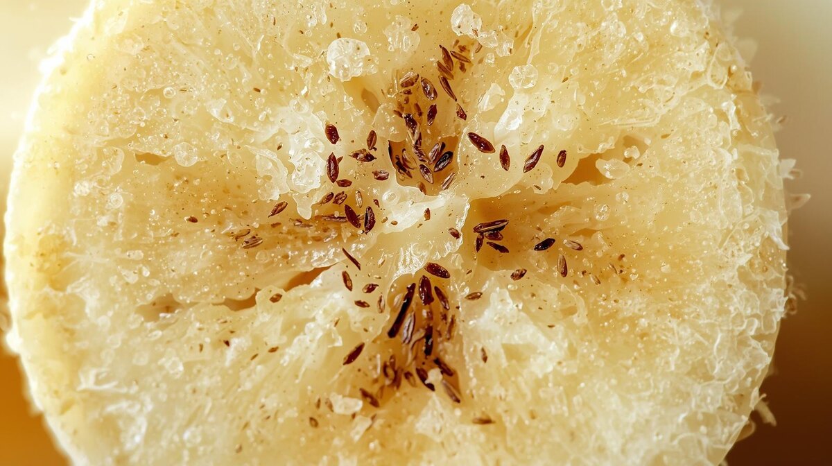 «Черные точки внутри банана — это остатки бесплодных семян. Все бананы Кавендиш стерильны, что делает их удобными для массового потребления.»