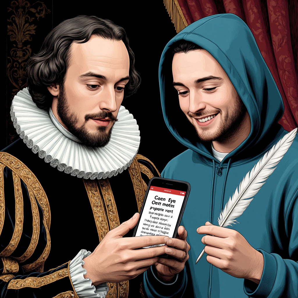 Шекспир смотрит с недоумением на экран смартфона,Поэт-инстаграмщик  с иронией смотрит на перо и чернила Шекспира.