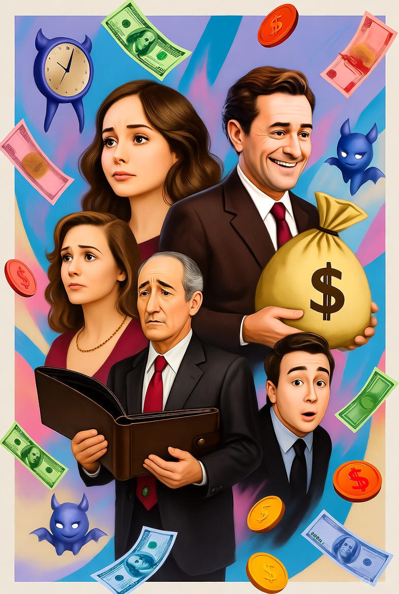 Иллюстрация "Смех под купюрами" создана сетью Грок