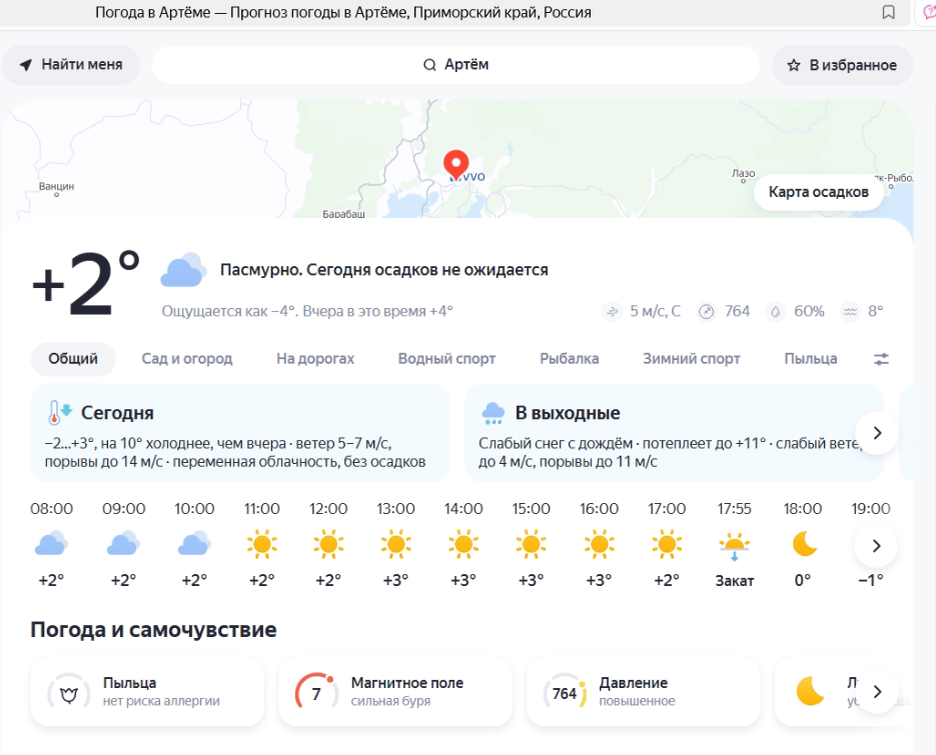 Фрагмент страницы Яндекс.Погода