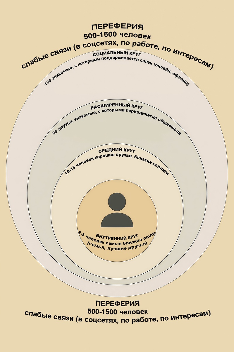 Социальная структура по Данбару (в виде концентрических кругов)