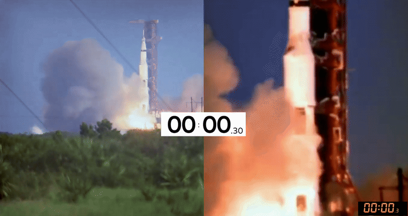 Качество совмещения двух видеороликов по их начальным кадрам видно по моменту смыкания клубов дыма на фоне жёлтого противовеса крана, установленного на вершине кабель-заправочной башни.