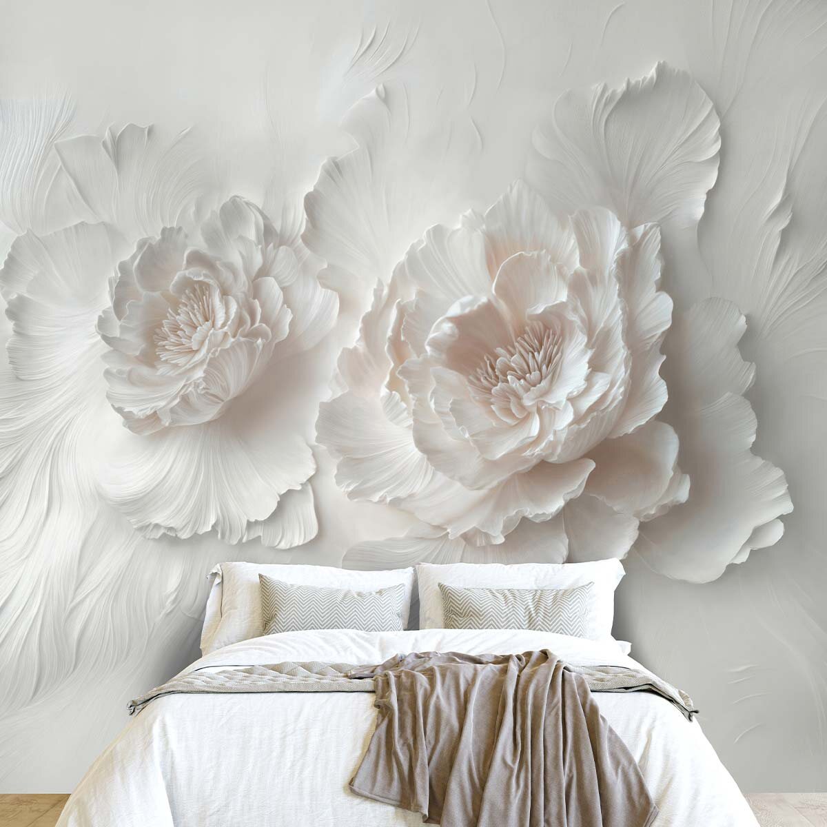 Пример оформления стены спальни флизелиновыми фотообоями VEROL. Артикул на WB: 418502059.