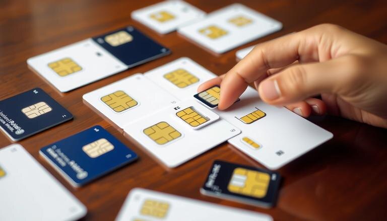    Изображение, показывающее процесс смены SIM-карт на столе с несколькими разными сим-картами.