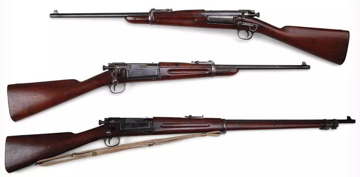 Карабин Крага-Йоргенсена (вверху) и винтовка Крага-Йоргенсена (внизу).