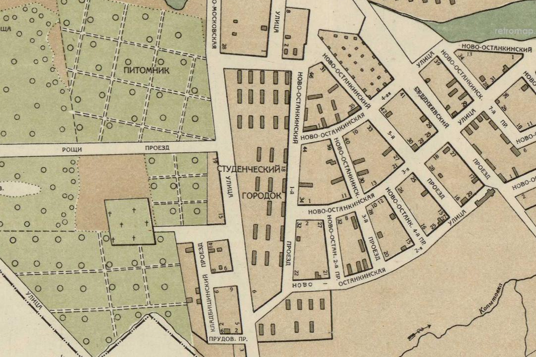 Пушкинский студгородок на плане Ростокинского района Москвы, 1937 год. Источник: retromap.ru