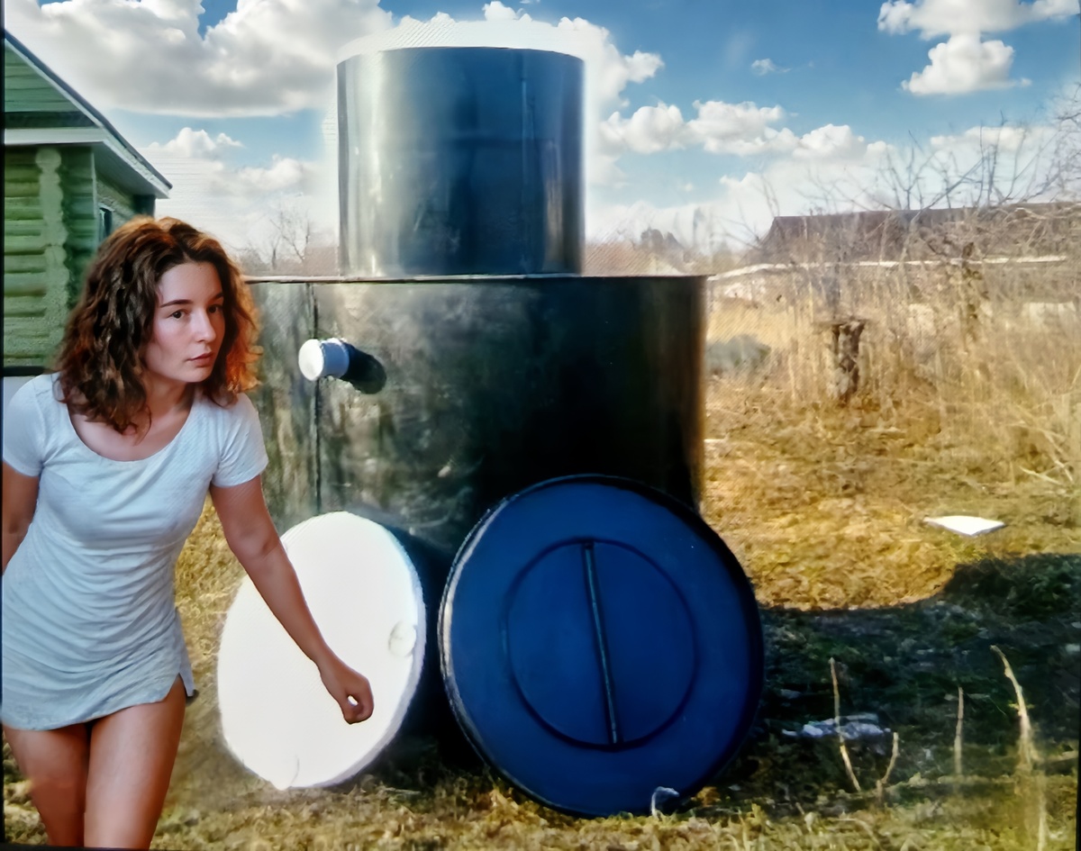 Моя бессменная помощница на фоне классического пластикового септика