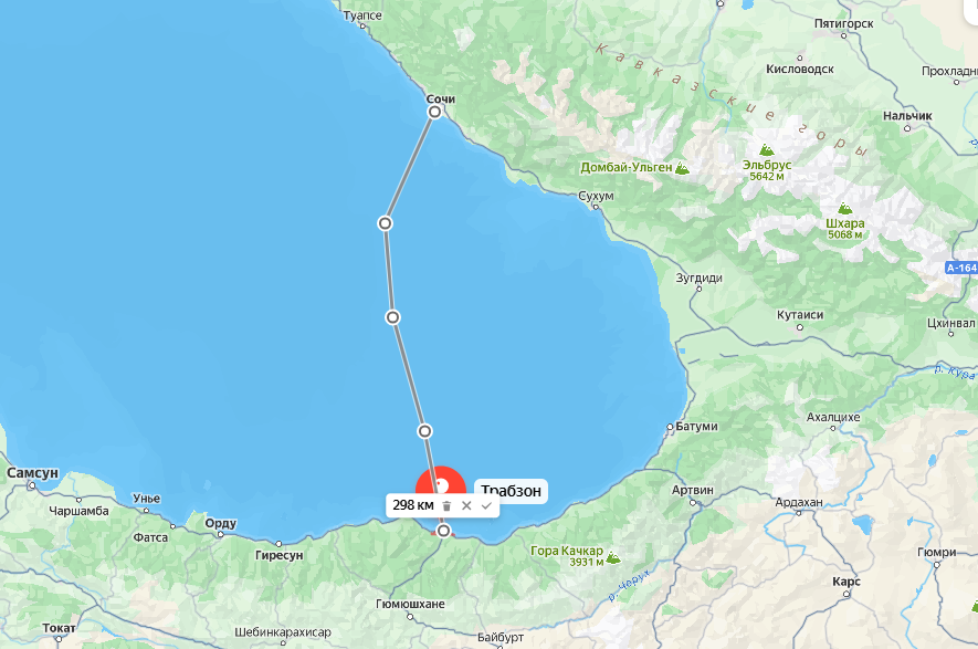 Морской маршрут из Сочи в Трабзон - это плюс-минус 280 км
