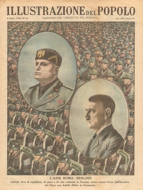 Обложка итальянского журнала «Illustrazione del popolo». Подпись гласит: «Ось Рим — Берлин» является мощным рычагом баланса, мира и упорядочения жизни в Европе»