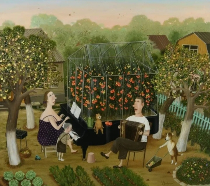 Ну например как на картине Валентина Губарева, художника - примитивиста