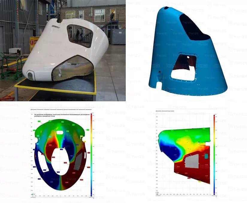 КЕЙС 1: оценка качества восстановленной законцовки хвостового оперения самолета. По результатам сканирования сформирован отчет контроля симметричности отклонений законцовки в виде цветовой диаграммы с контрольными точками по всей поверхности детали с демонстрацией отклонений в абсолютных величинах (Проект TWIZE)