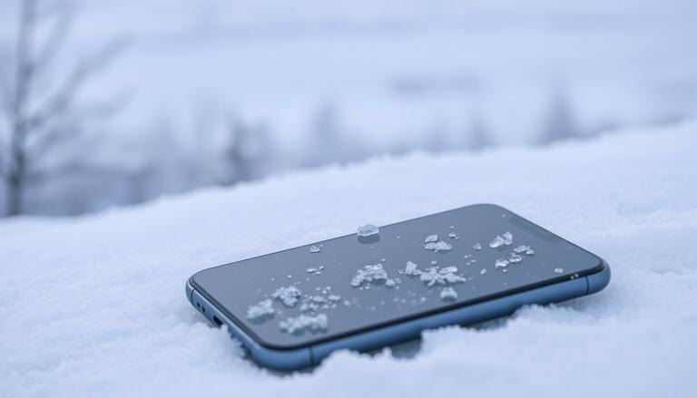    Иллюстрация, показывающая смартфон на фоне зимнего пейзажа