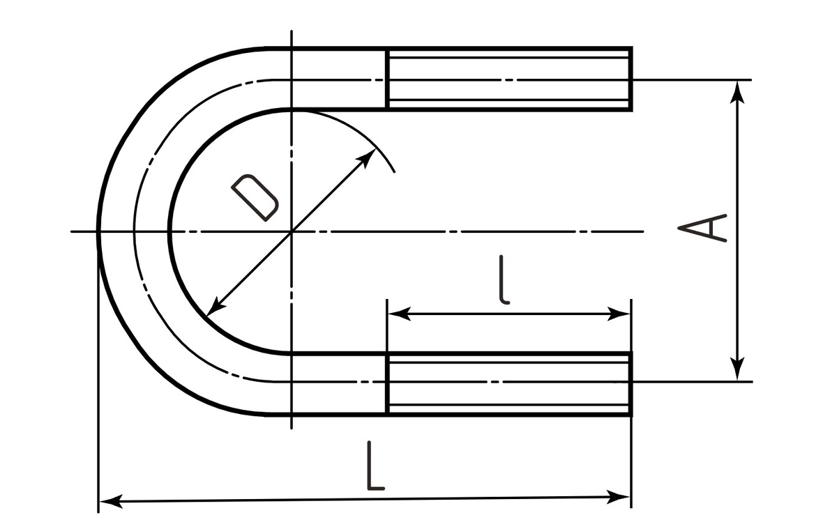 D - диаметр трубы, l - длинна резьбы, L - высота, А - межосевое расстояние