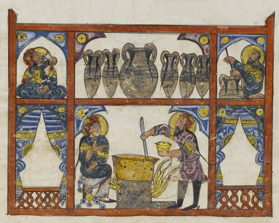 Приготовление лекарства из мёда, из арабской рукописи перевода трактата «О лекарственных веществах» (De Materia Medica) Диоскорида
Каллиграф: ‘Абдулла ибн аль-Фадль
Дата: 1224 год н. э.
