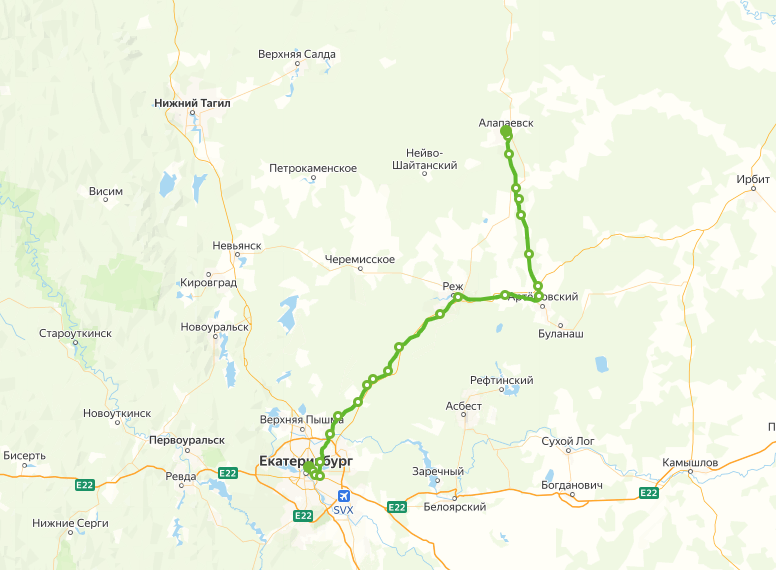 Маршрут пригородного поезда Екатеринбург – Алапаевск