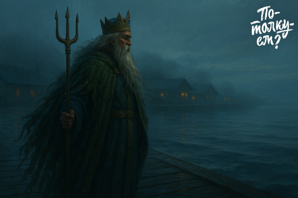Морской царь стоит на причале у моря на рассвете