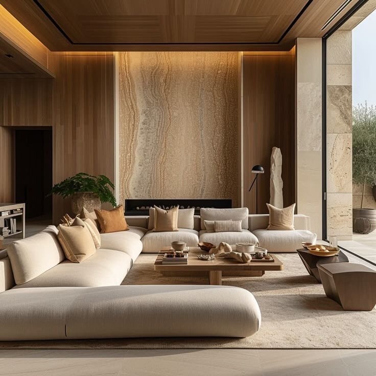 Дизайн гостиной в современном стиле с акцентом на тактильность в интерьере.