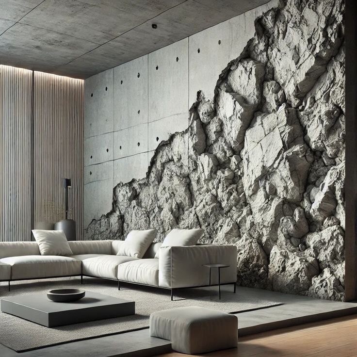 Интерьер исполнен с акцентом на бетонную стену.