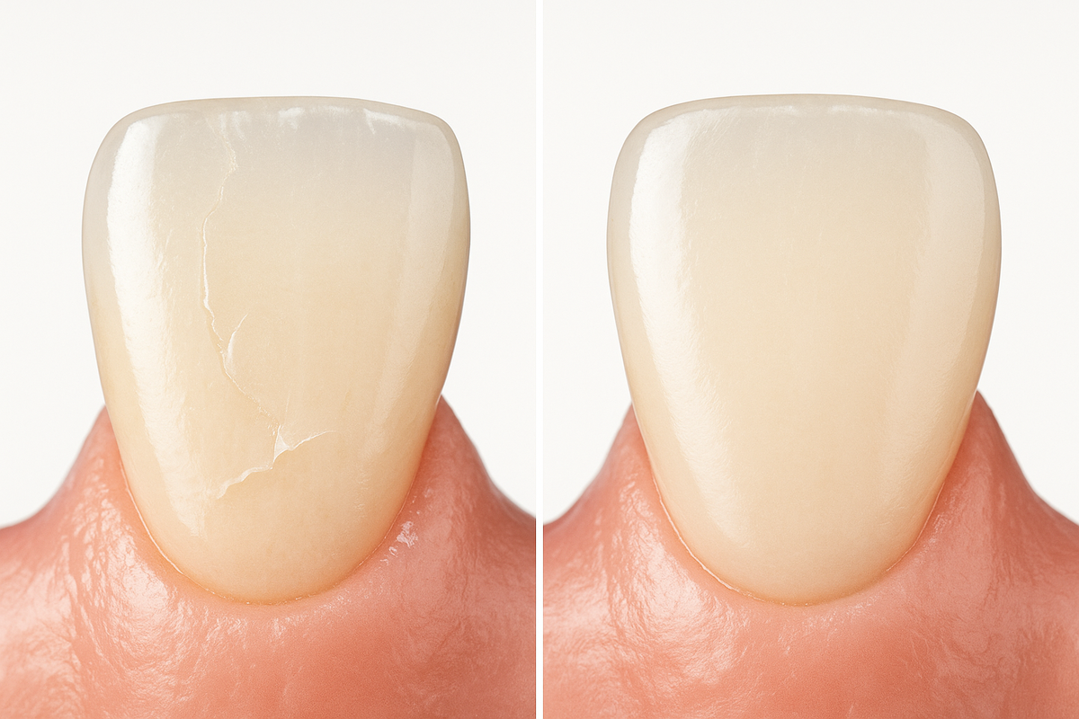 Слева зуб с трещеной, справа зуб после установки зубного винира