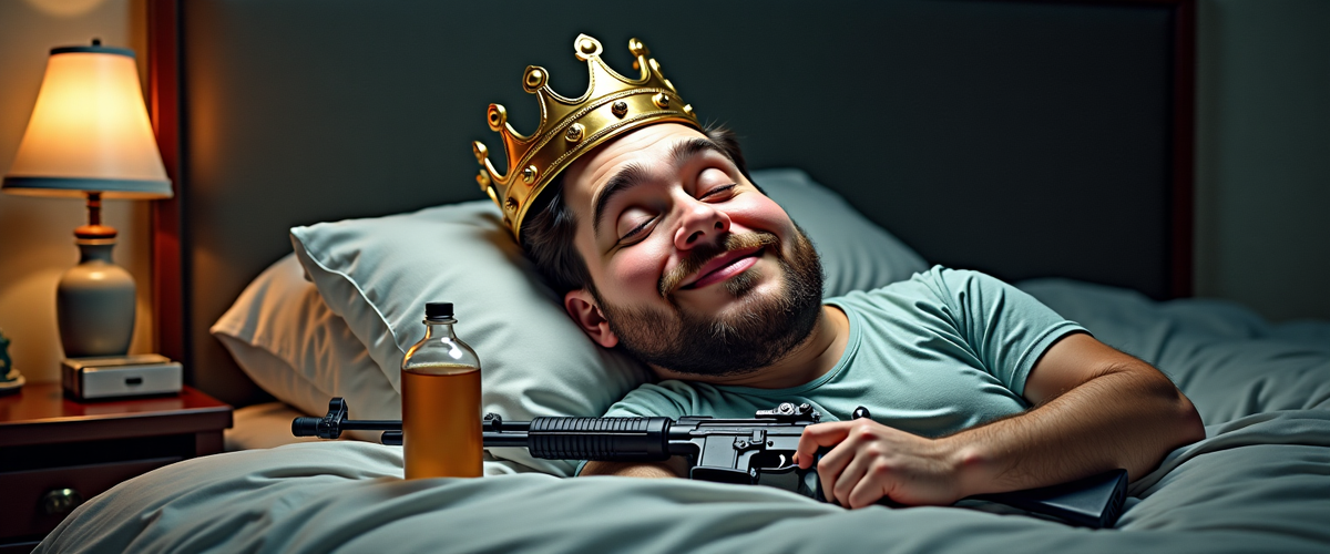 Карикатурный портрет спящего мужчины в короне и пижаме, с бутылкой спиртного и автоматом. 