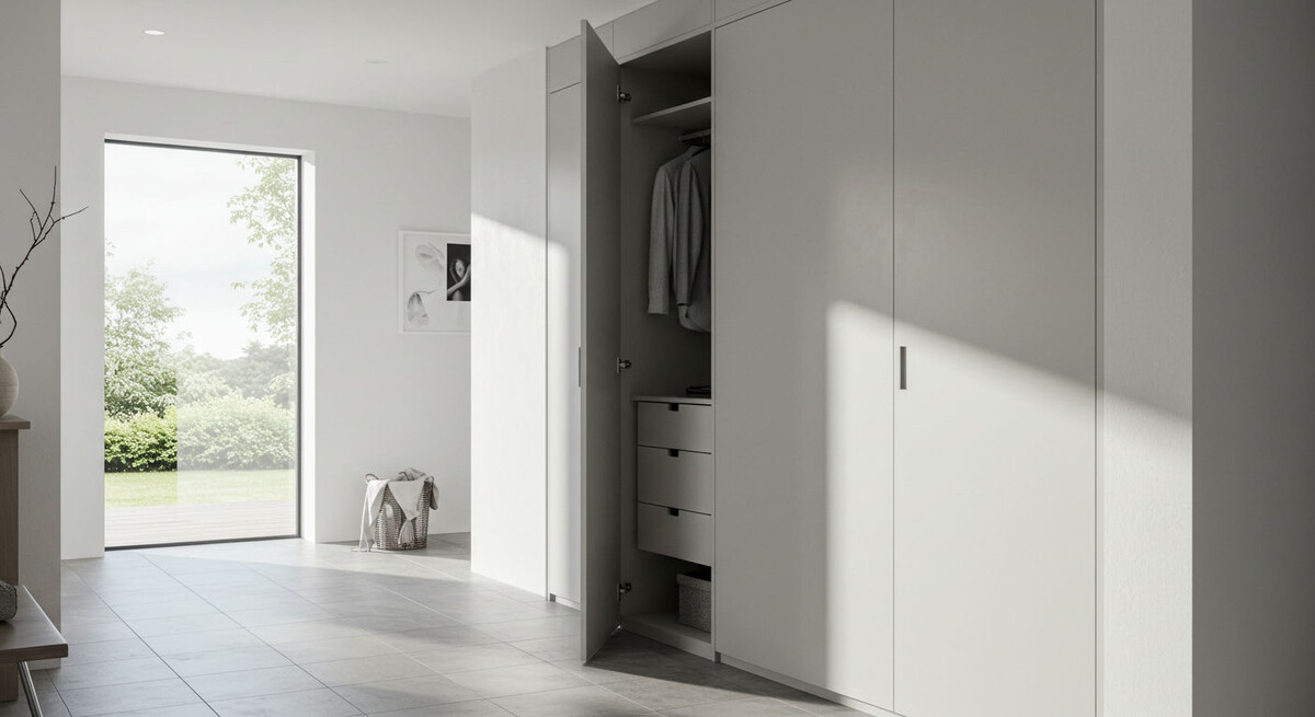 Встроенный шкаф серого цвета с ящиками и штангой