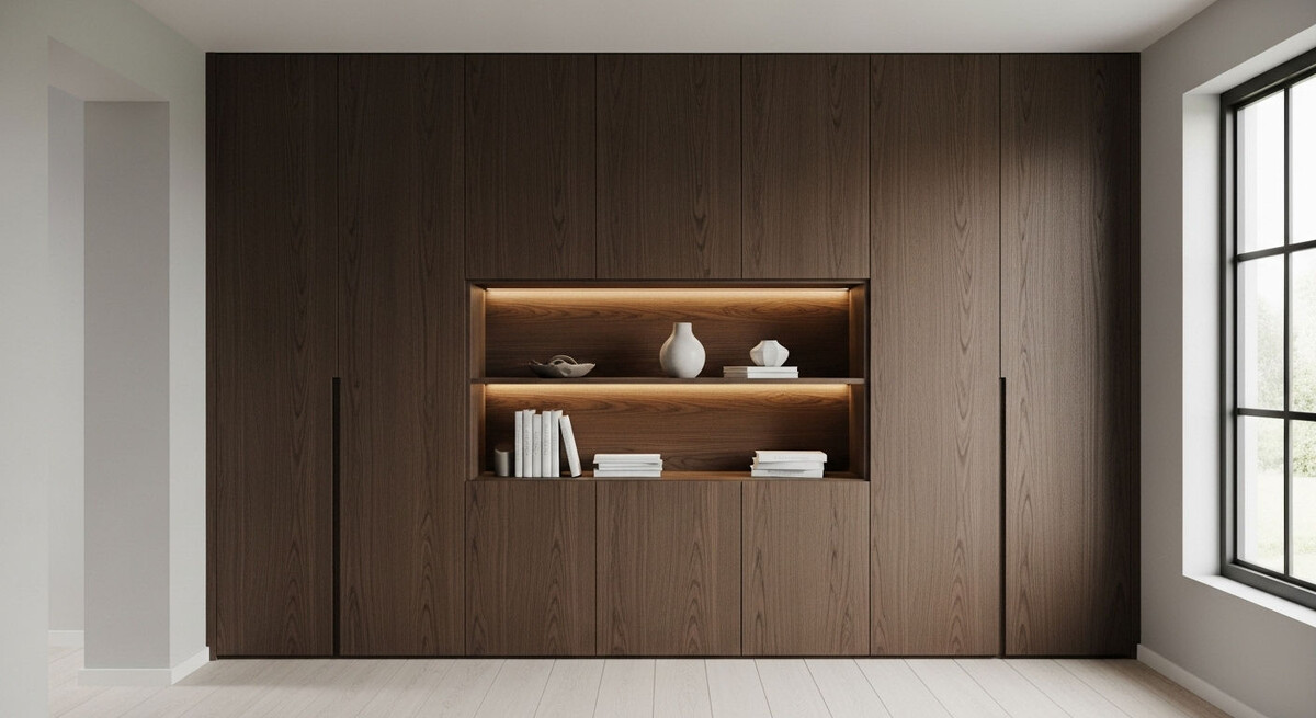 Встраиваемый шкаф с подсветкой в спальню с фасадами из МДФ