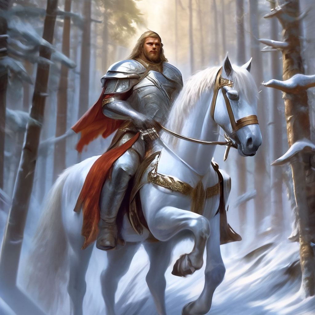 shedevrum.ai Богатырь в кольчуге ,едет на большом белом 