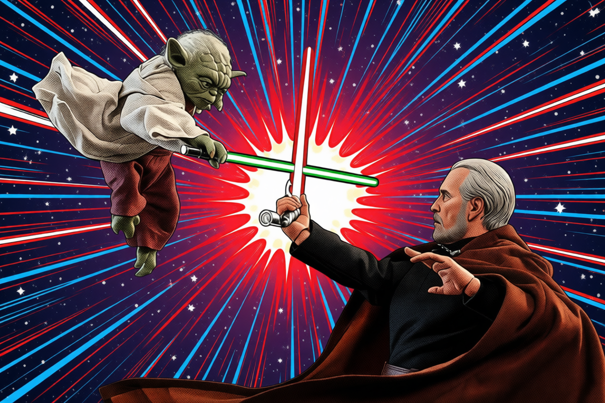 Иллюстрация: Магистр Йода и граф Дуку сошлись на световых мечах