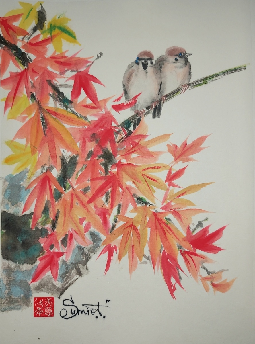 Ветка клёна, воробьи, камень. Рисунок Ольги Сюмиот.