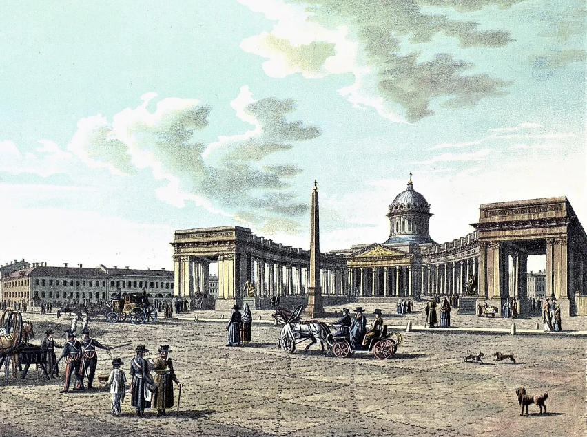 Казанский собор в Петербурге, каким мы его видим на цветной литографии 1821 года. 