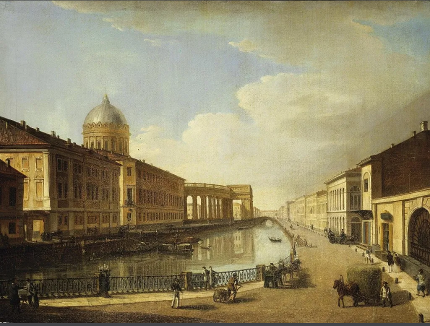 Казанский собор, увиденный Тимофеем Васильевым в 1810 году. Художник предлагает нам взглянуть на величественное сооружение не с парадного фасада, а с тихих берегов Екатерининского канала. Эта перспектива раскрывает новые грани собора, его монументальность и гармонию с окружающим городским пейзажем. Работа находится в коллекции Государственного Эрмитажа, где продолжает восхищать посетителей.