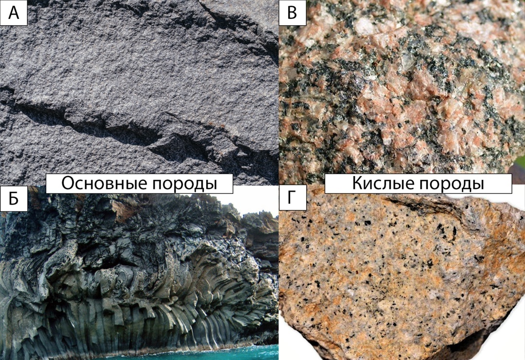 Типы магматических пород. А – выходы массивного габбро; Б – быстро застывшие базальтовые лавы с элементами столбчатой отдельности; В – Гранит при большом увеличении и Г – его эффузивный аналог риолит