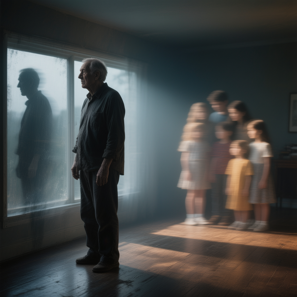 Одинокий мужчина у окна, разделённый пропастью с родными — метафора невидимого барьера между поколениями.