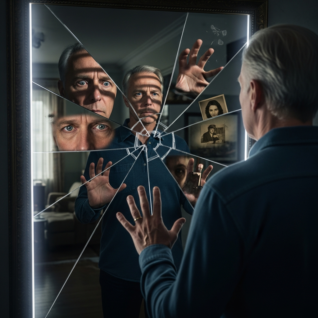 Взгляд в зеркало, где главный враг — собственные страхи и обиды, отражение полностью внутренних разломов.