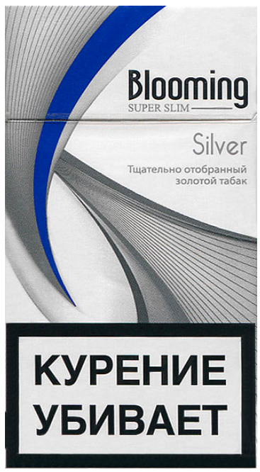 "Blooming" Super Slim Silver. Россия, 2017 год. 20 штук с фильтром в боксе и в целлофане. Смола 1 мг, никотин 0,1 мг. Цена (была) 85 рублей. Производитель: OOO KT&G Rus. Владелец торговой марки:  KT&G Corp.