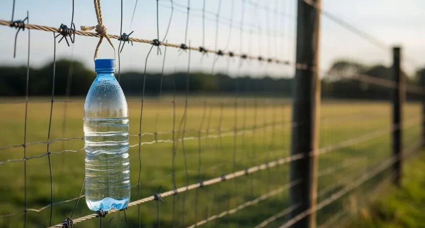    Подвешиваю бутылку с водой к забору: и это сразу помогло решить одну очень деликатную проблему