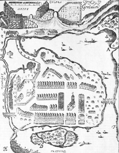 Гравюра позднего Средневековья (?) на котрой изображен город и замок (левый верхний угол рисунка). Видны ворота, два флигеля и, предположительно, одноэтажные хозяйственные постройки.