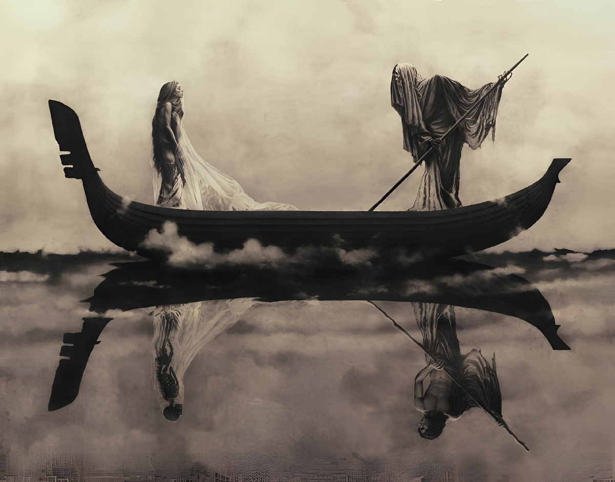 Пандора Янг. Харон и пассажир пересекают реку Стикс. 