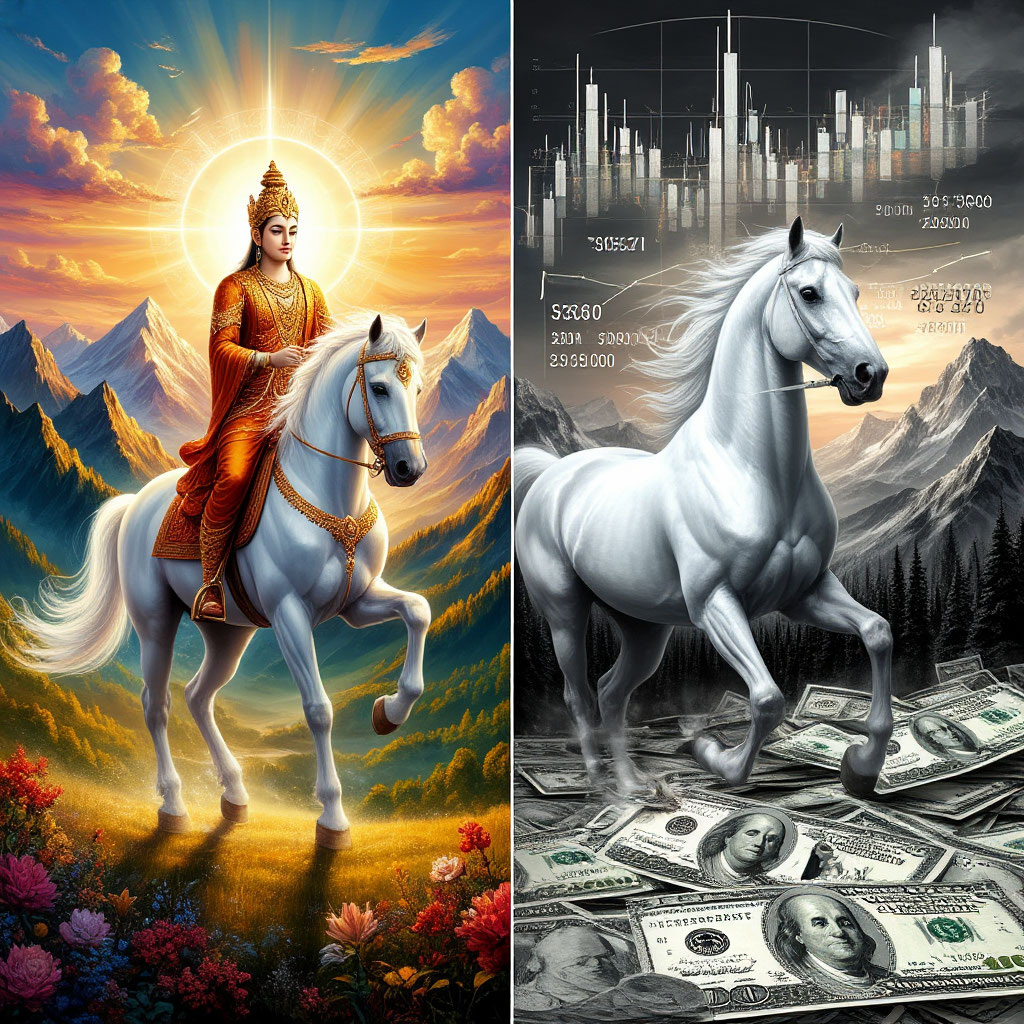 Иллюстрация "Пророчество и Реальность: Белый Всадник vs. Конкуренция" создано сетью Шедеврум